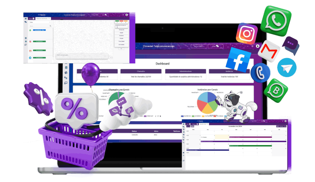 Capa sobre Telefonia Conectel mostrando a plataforma de Omnichannel, Número 0800, Plataforma de SMS para Empresas com relatórios e plataformas de integração como o WhatsApp Business, Instagram, Facebook entre outros